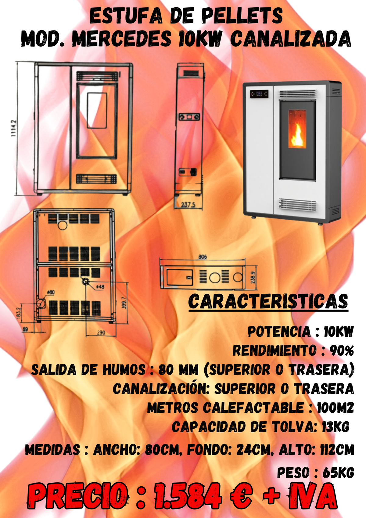 STUFA A PELLET CANALIZZABILE SLIM – MODELLO MERCEDES 10KW