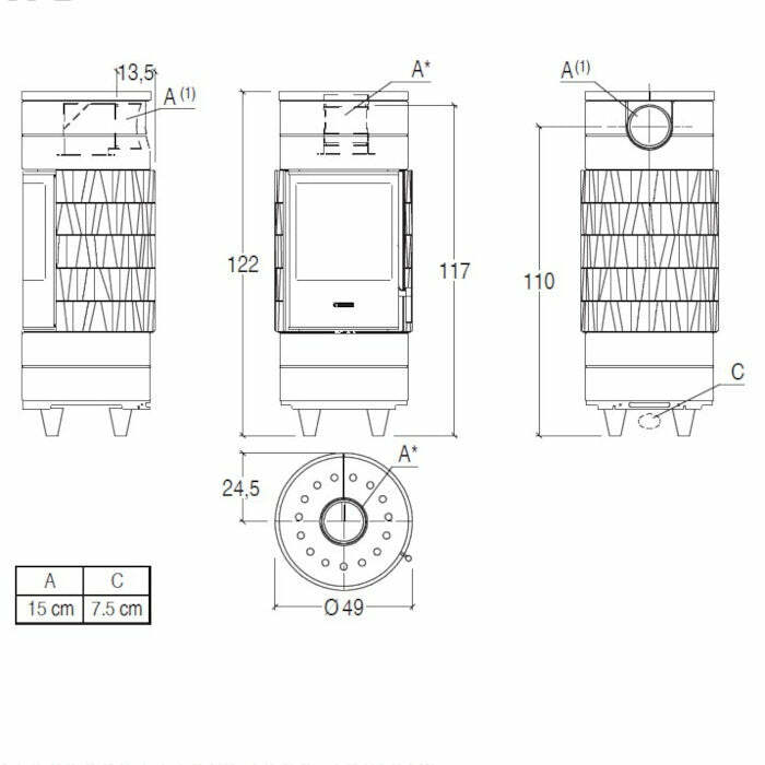 Piazzetta CIRCLE stufa a legna 7,2 kW scarico superiore base rotante