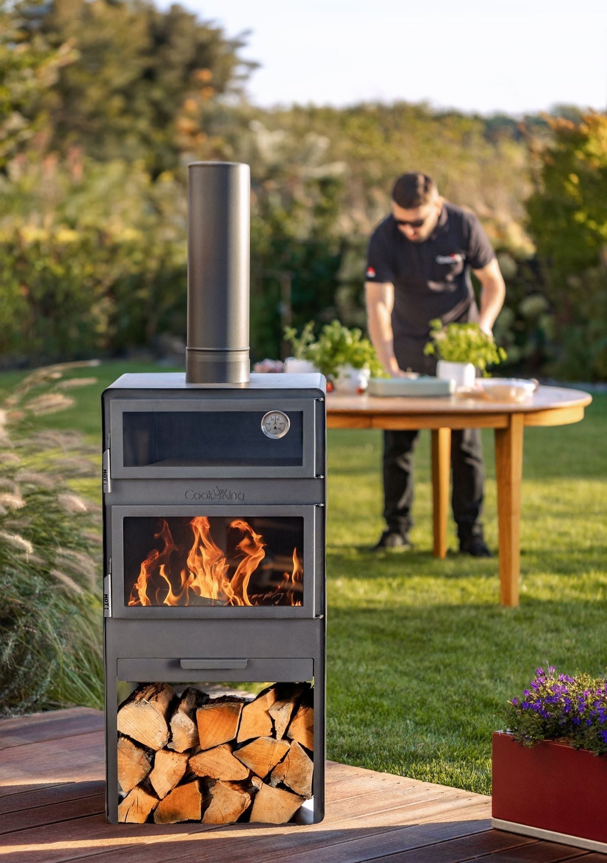 Stufa da giardino TOSCANA con forno per pizza, barbecue e affumicatore – in vero acciaio grezzo